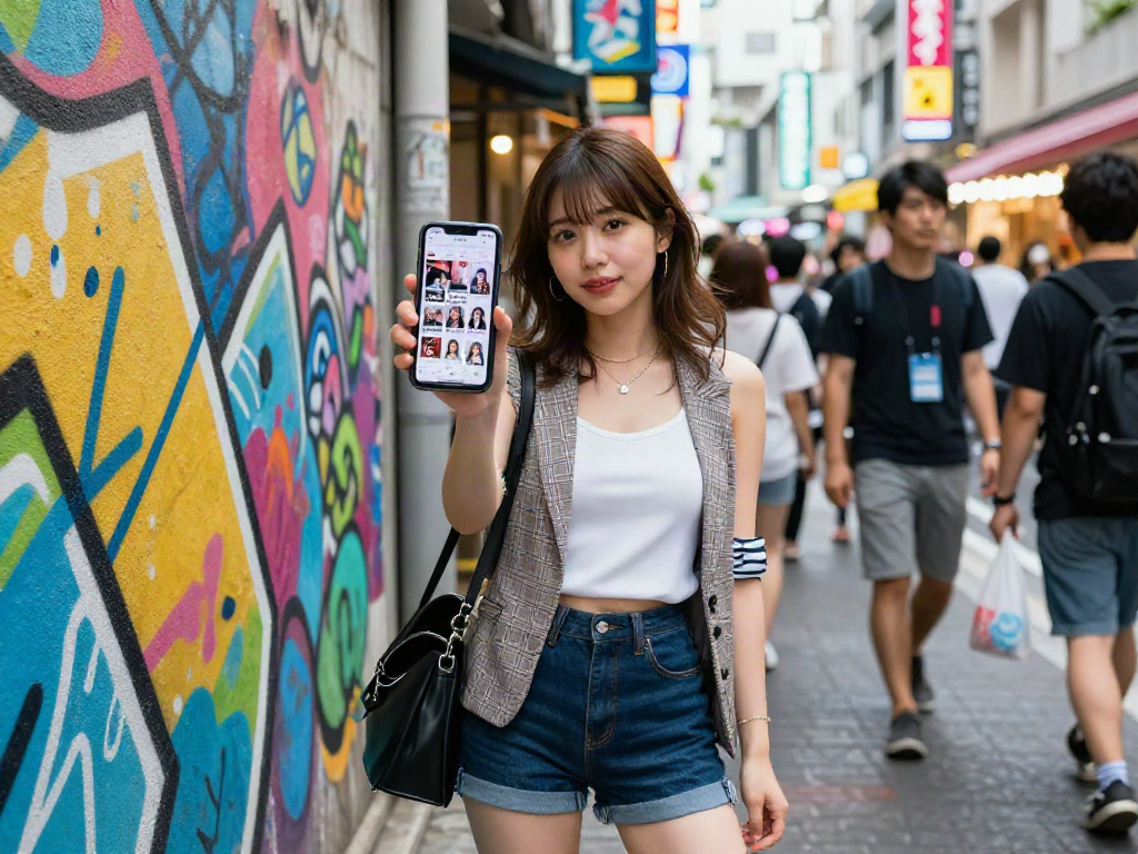 在充满活力的城市环境中,一位时尚女性自信地展示手机上的日本AV内容,吸引眼球,展现现代娱乐文化。